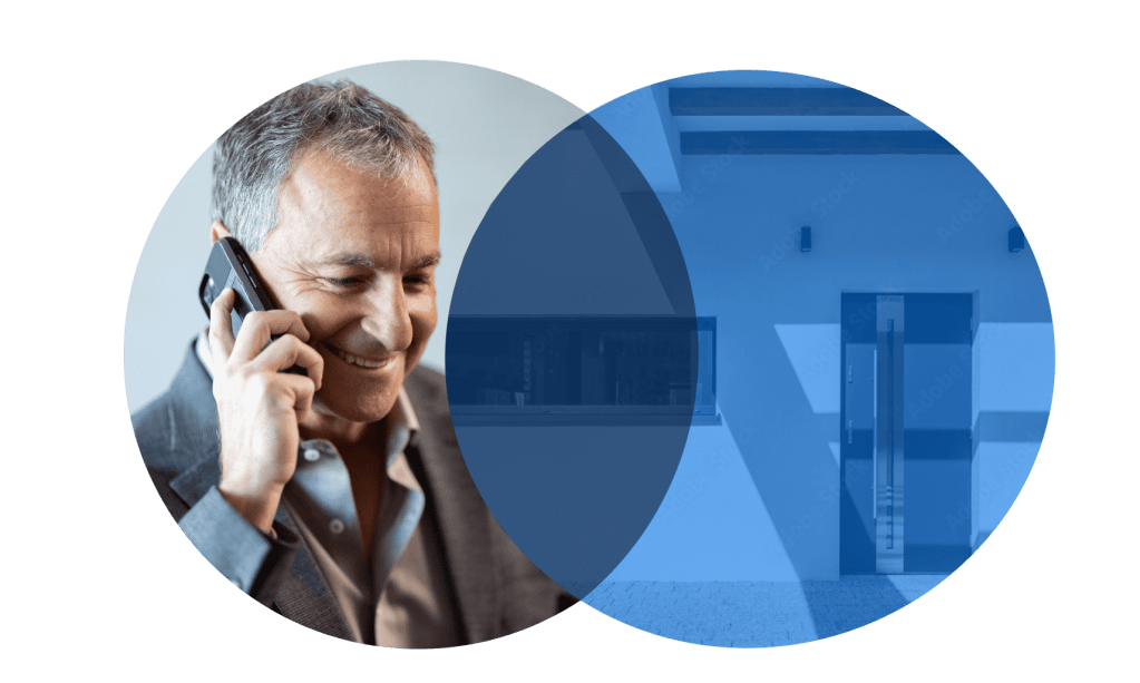 Businessman smiling on phone. Second photo is a front door of a home.