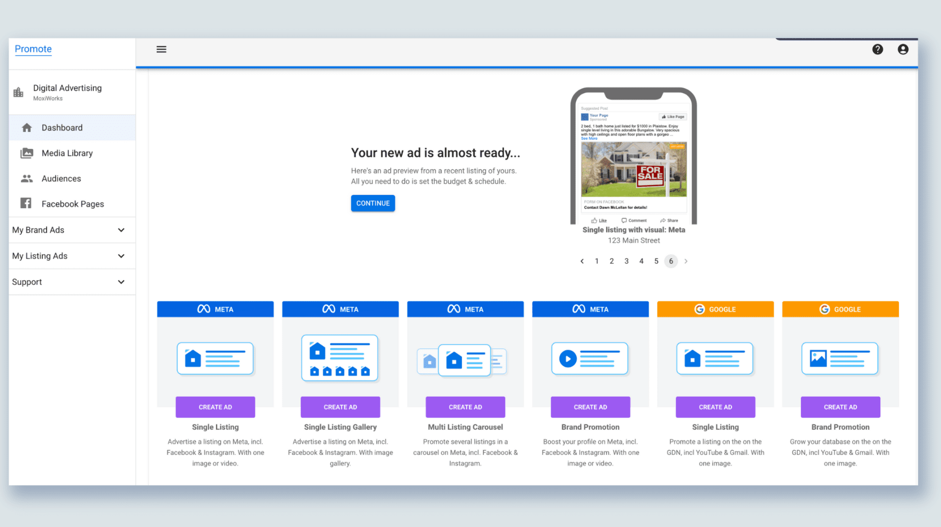 Display of the MoxiPromote home dashboard showing new blueprint types for real estate ads
