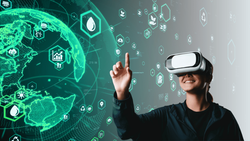 The Brokerage of the Future - Woman wearing VR headset seeing a virtual world touching on sustainability icons