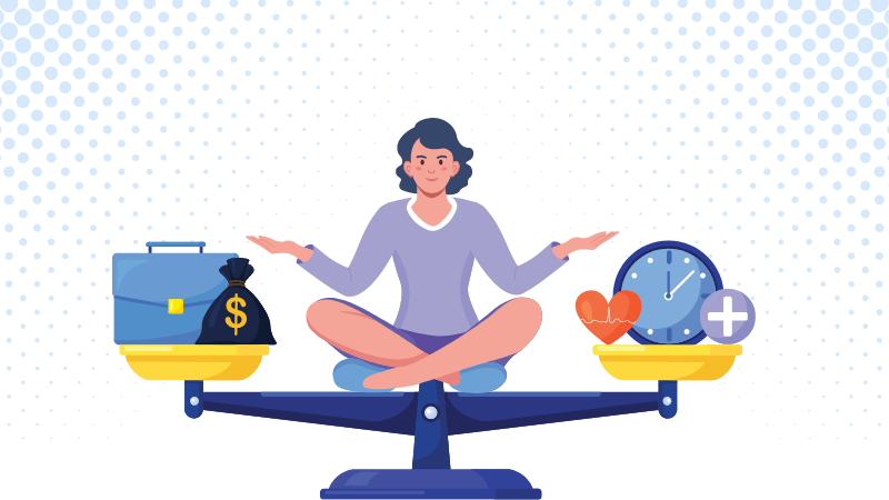 Cartoon woman sitting on scale balancing time and money