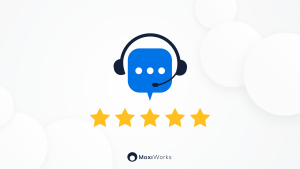 customer service icon and 5 stars, moxiworks logo