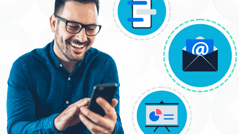 Real Estate Email Marketing for Brokerages | MoxiWorks | Man looking at cell phone | icons of email, presentation, and cell phone messages