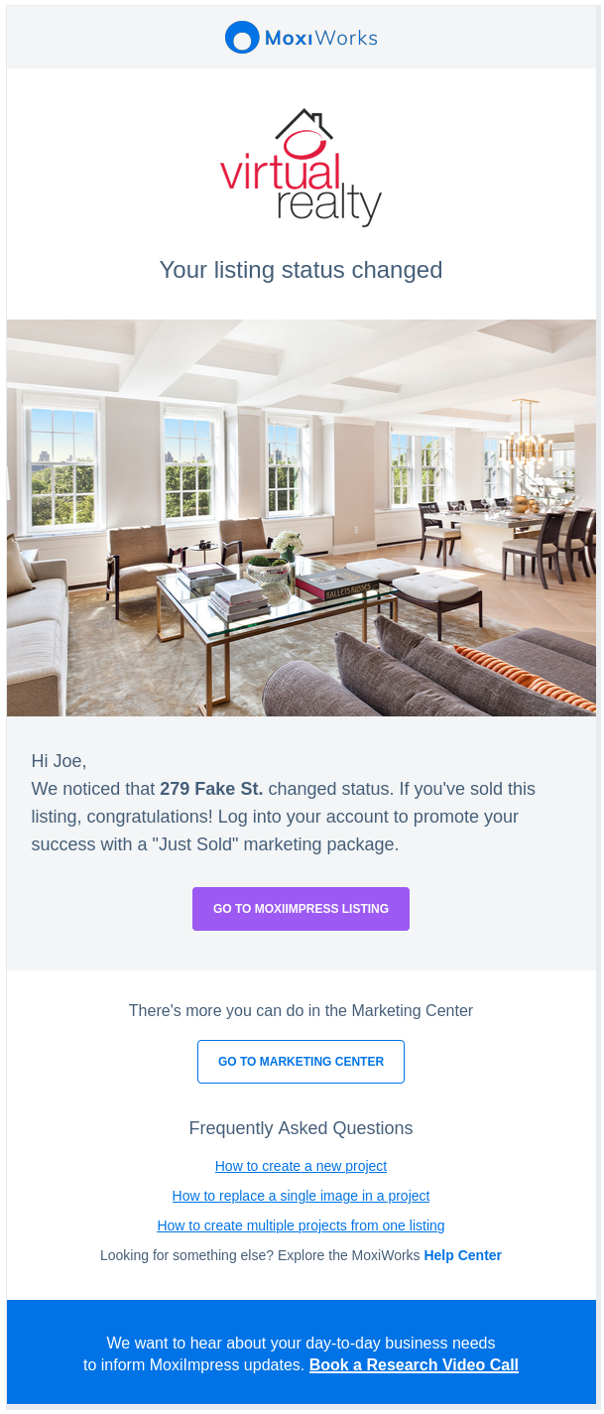 Listing Status Changed Email | Whats new Whats Awesome | MoxiImpress | real estate marketing products