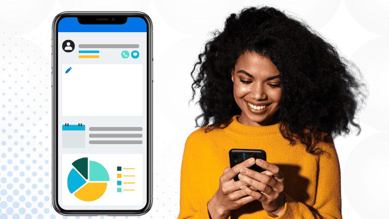 Female real estate agent looking at her phone with graphic of phone showing CRM contact info - real estate tips