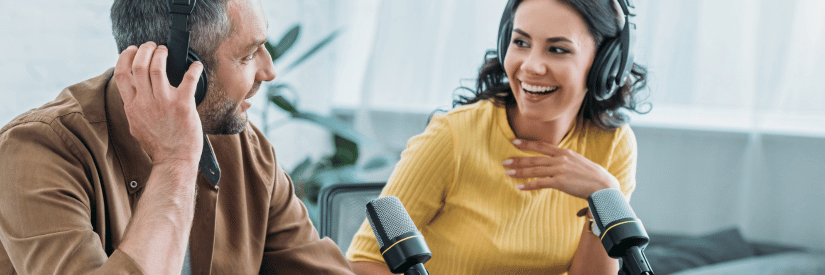 two real estate agents recording a podcast