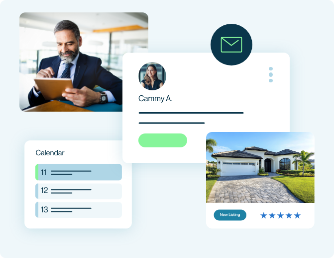 Real estate agent using CRM tools to follow up with leads and promote listings