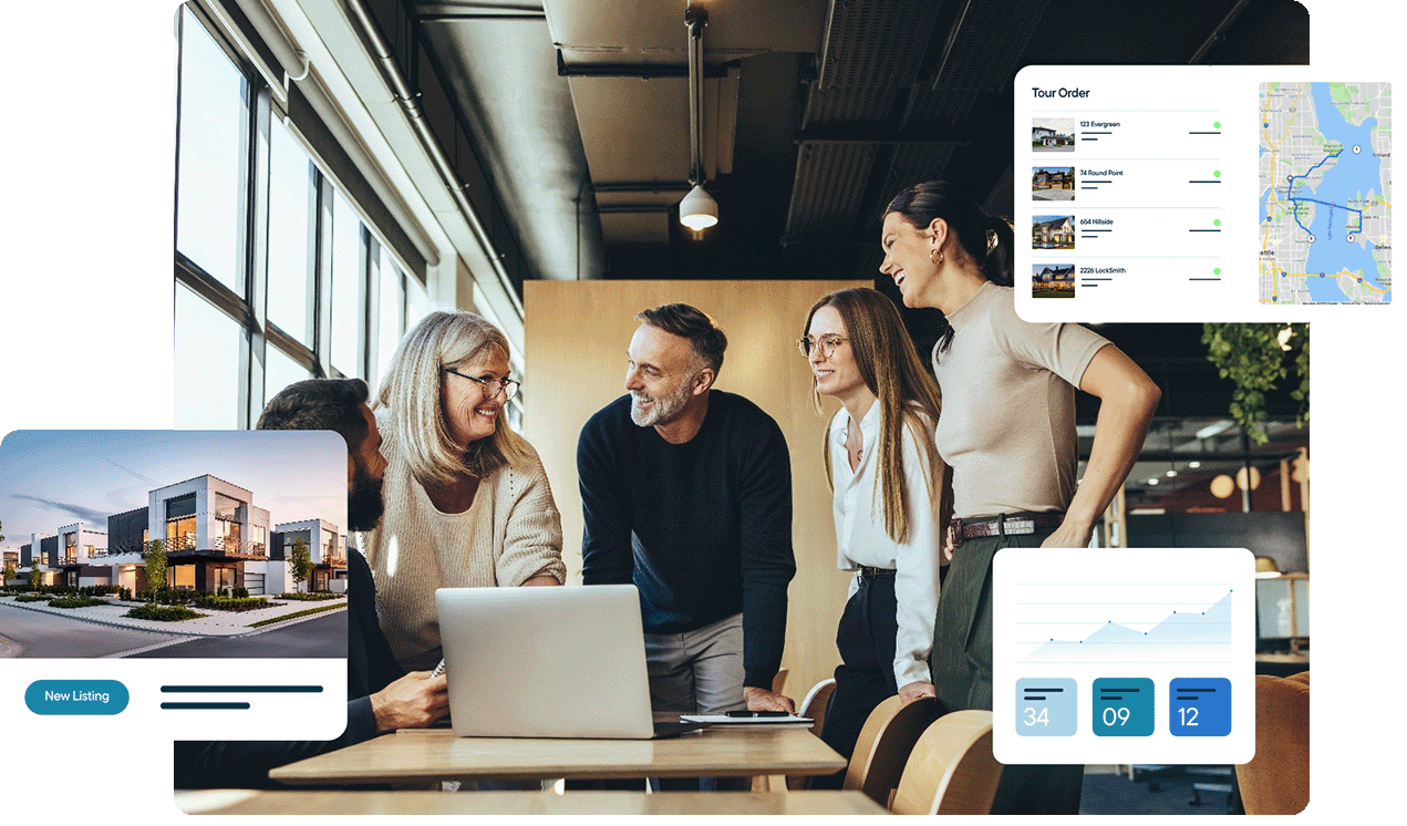 Collaborative real estate team using tools for listing promotion, buyer tours, and ad performance