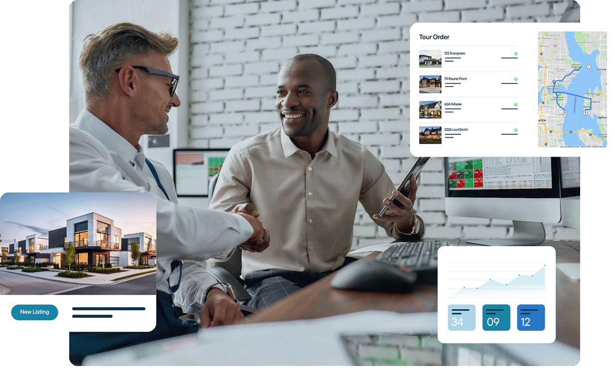 Agents collaborating with real estate tech to manage listings, plan tours, and measure results